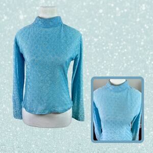 Vintage 70s Aqua Silver Lurex Turtleneck Sparkling Stretchy Top Size S